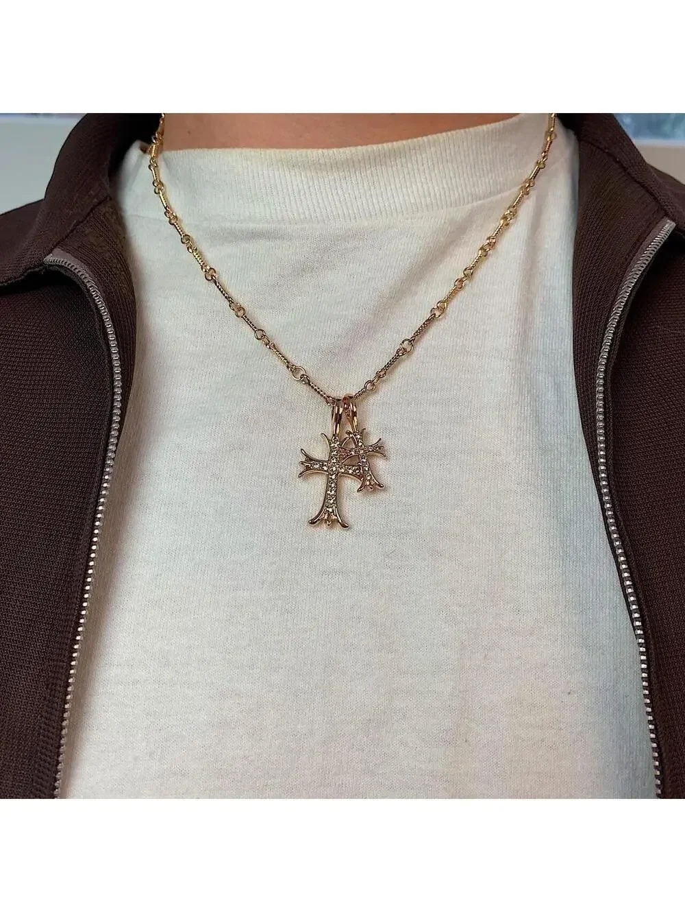 Vintage y2k 2000s style Double Cross Rhinestone Gold Necklace. Rhinestone